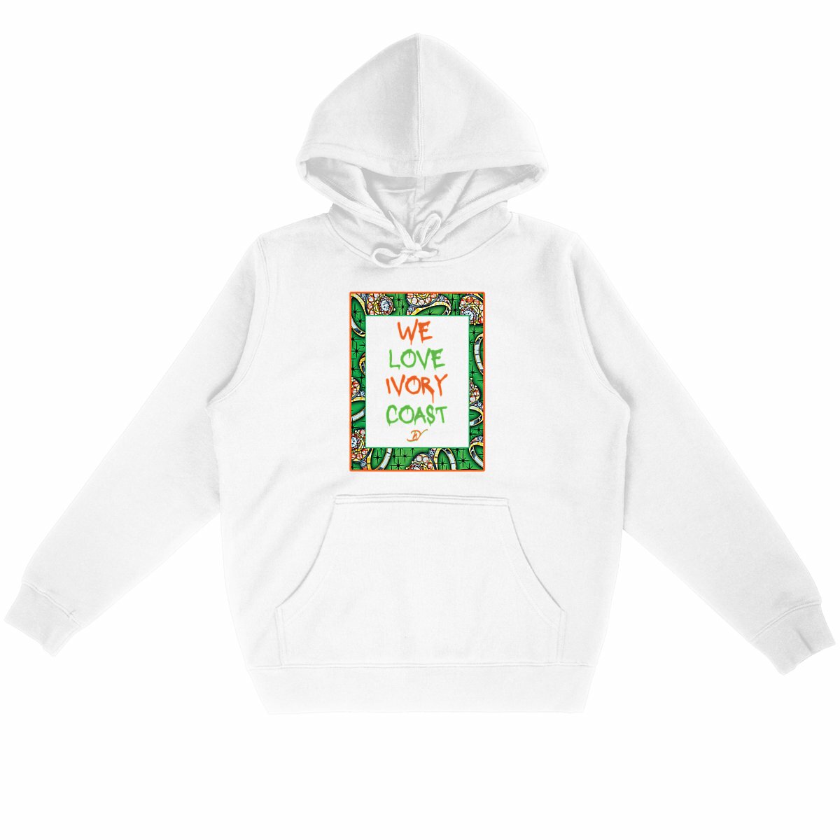 Sweat à capuche bio unisexe blanc Djêkoo Wax avec motif wax Côte d'Ivoire