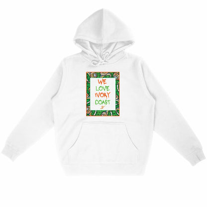 Sweat à capuche bio unisexe blanc Djêkoo Wax avec motif wax Côte d'Ivoire