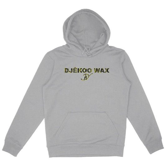 Sweat à capuche bio unisexe gris avec motif Bogolan jaune et noir