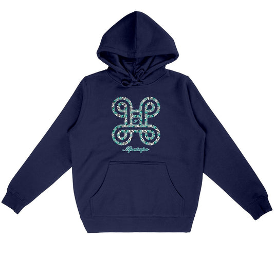 Sweat à capuche unisexe Adinkra Mpatapo en coton bio coloris marine