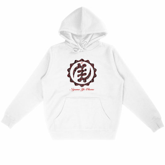 Sweat à capuche unisexe Adinkra Nyame Ye Ohene blanc en coton bio - Djêkoo Wax