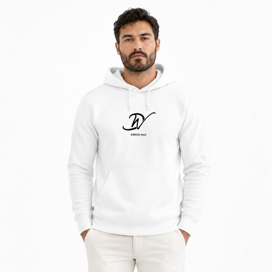 Homme portant un sweat à capuche unisexe blanc en coton bio avec logo Djêkoo Wax