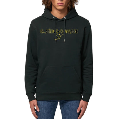 Vue produit sweat à capuche unisexe noir avec lettrage DJÊKOO WAX rempli de motifs Bogolan jaune citron et noir et monogramme DW cursif jaune - Fashion africaine premium
