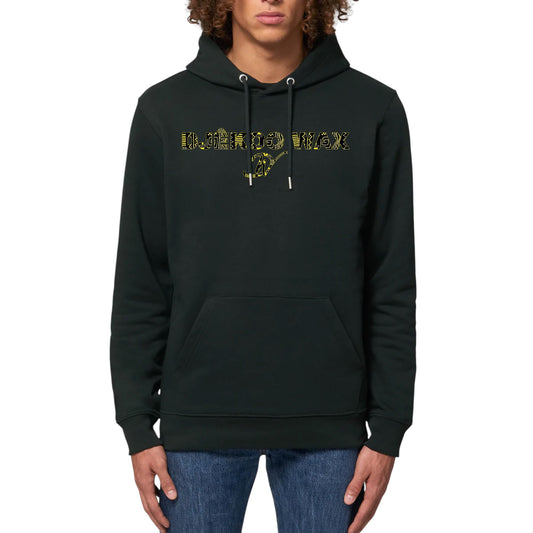 Vue produit sweat à capuche unisexe noir avec lettrage DJÊKOO WAX rempli de motifs Bogolan jaune citron et noir et monogramme DW cursif jaune - Fashion africaine premium