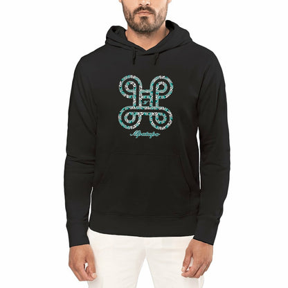 Homme portant un sweat à capuche unisexe noir avec symbole Adinkra Mpatapo rempli de motifs wax vert émeraude et noir et inscription cursive verte - Djêkoo Wax