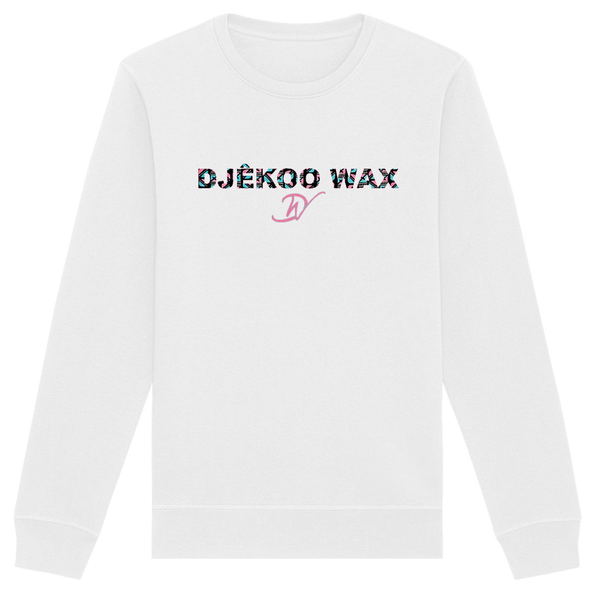 Vue produit sweat-shirt col rond unisexe bio blanc à plat avec lettrage DJÊKOO WAX rempli de motifs Bogolan noir, turquoise et rose et monogramme DW cursif rose - Mode africaine éthique