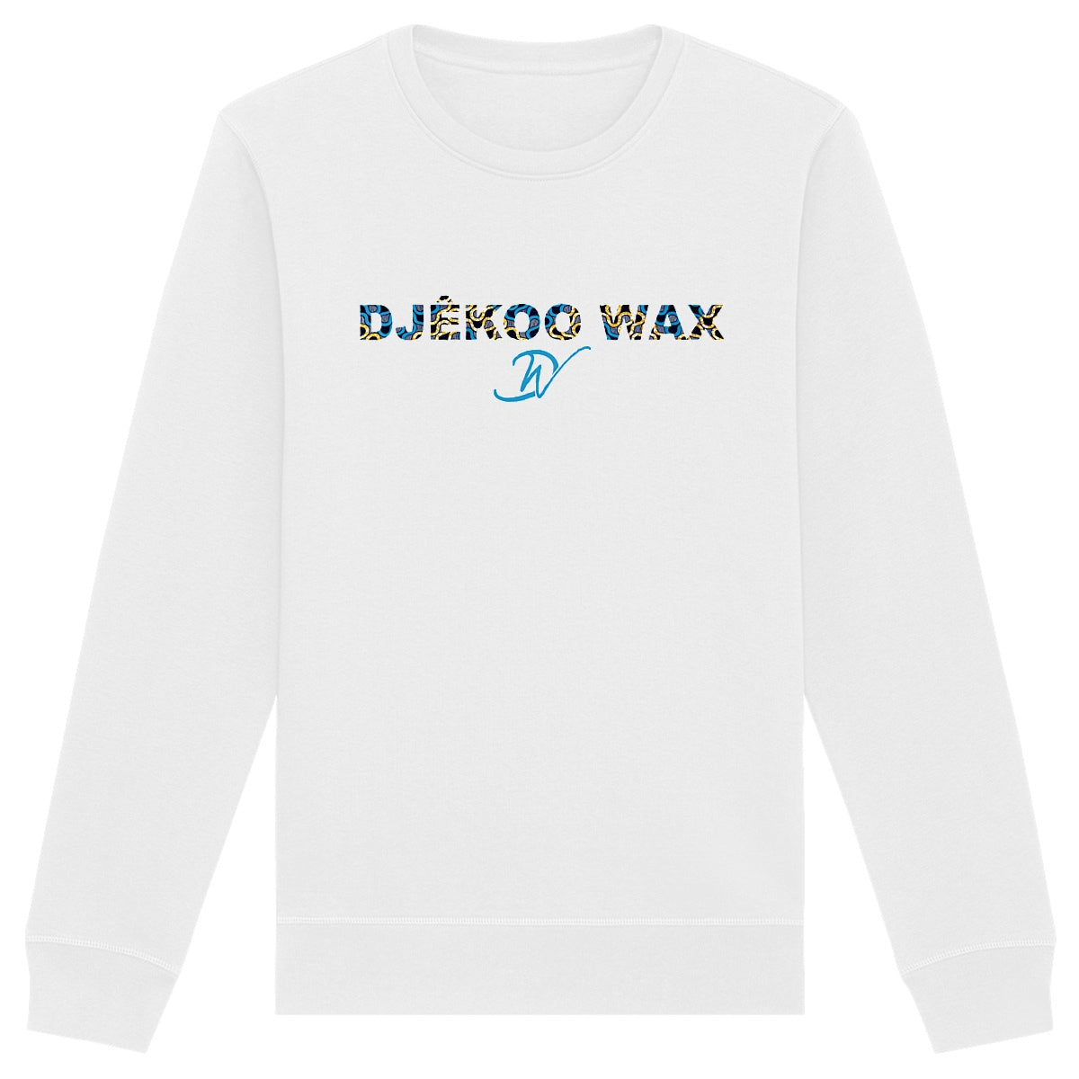 Vue produit sweat-shirt col rond unisexe bio blanc à plat avec lettrage DJÊKOO WAX rempli de motifs wax bleu, jaune et noir et monogramme DW cursif bleu - Mode africaine éthique

