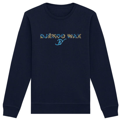 Vue produit sweat-shirt col rond unisexe bio bleu navy à plat avec lettrage DJÊKOO WAX rempli de motifs wax bleu, jaune et noir et monogramme DW cursif bleu - Vêtement éco-responsable