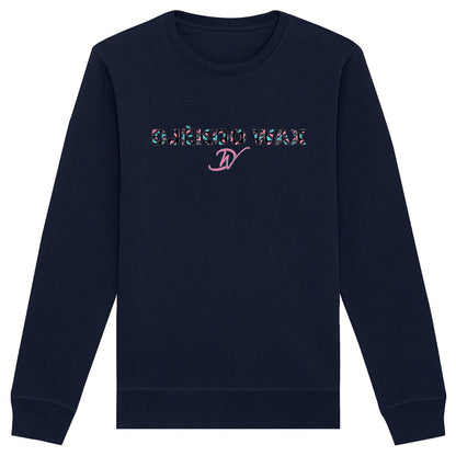 Vue produit sweat-shirt col rond unisexe bio bleu navy à plat avec lettrage DJÊKOO WAX rempli de motifs Bogolan noir, turquoise et rose et monogramme DW cursif rose - Fashion africaine durable