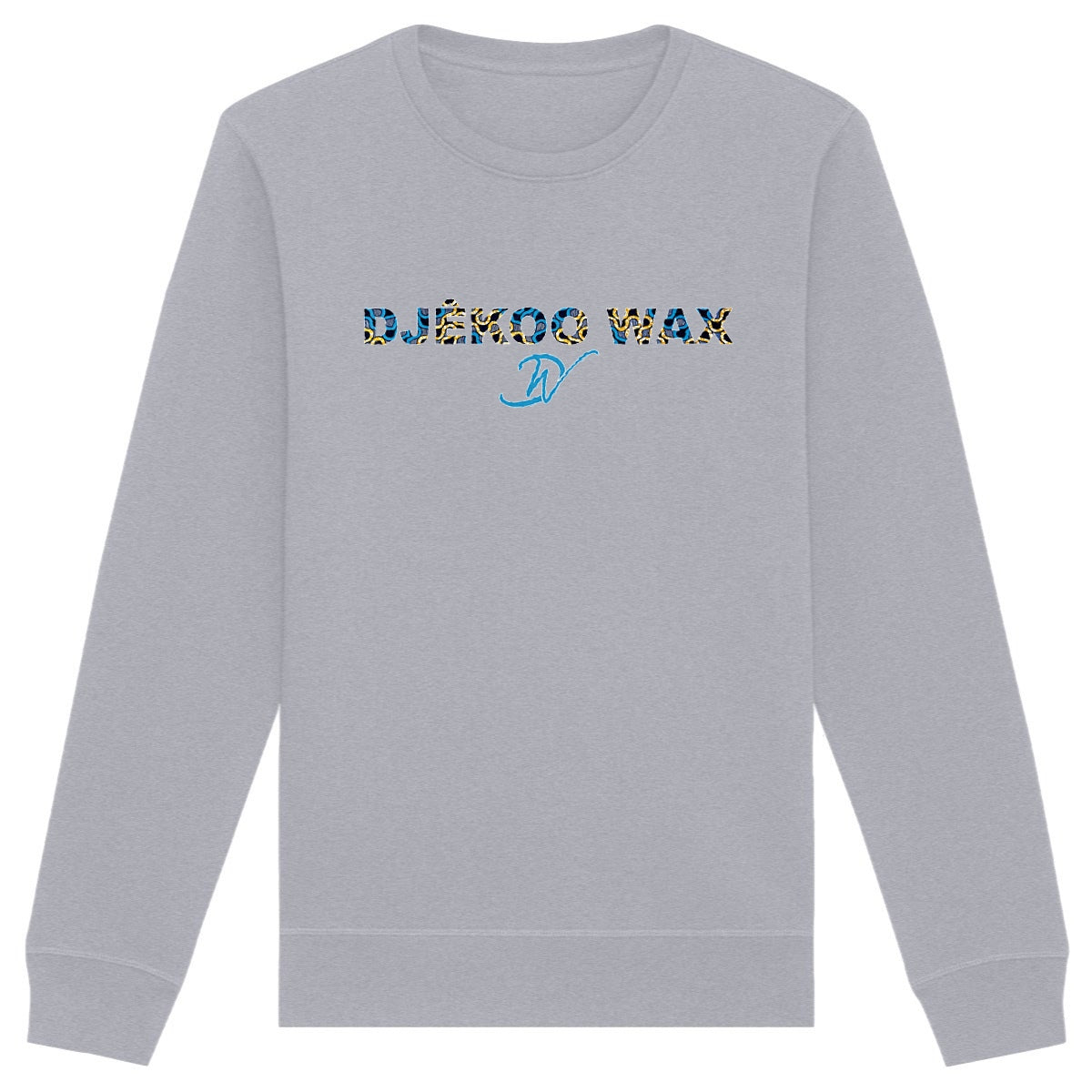 Vue produit sweat-shirt col rond unisexe bio gris clair à plat avec lettrage DJÊKOO WAX rempli de motifs wax bleu, jaune et noir et monogramme DW cursif bleu - Style africain premium

