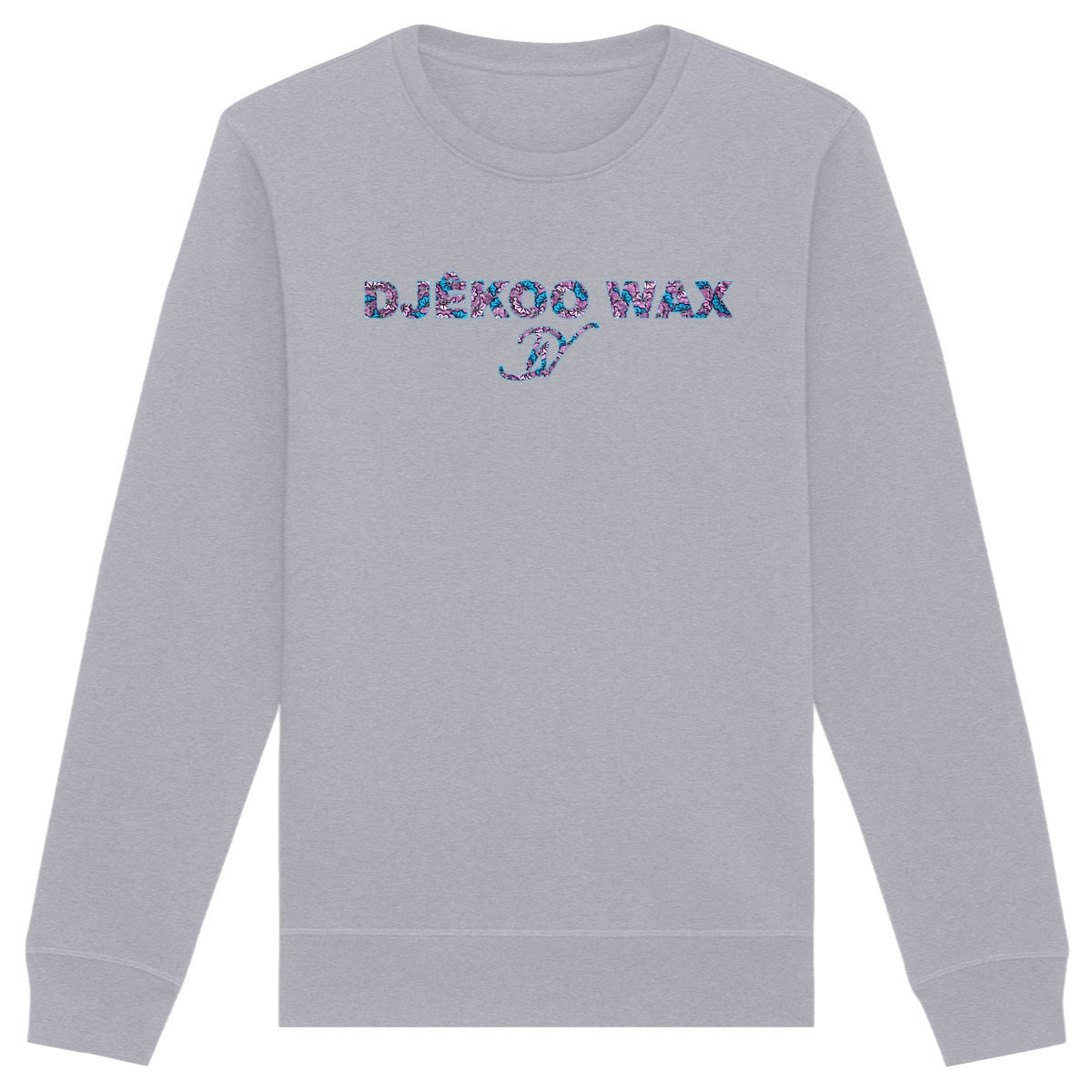 Vue produit sweat-shirt col rond unisexe bio gris clair à plat avec lettrage DJÊKOO WAX rempli de motifs wax fleurs de mariage rose fuchsia, bleu turquoise et violet et monogramme DW cursif - Fashion africaine durable
