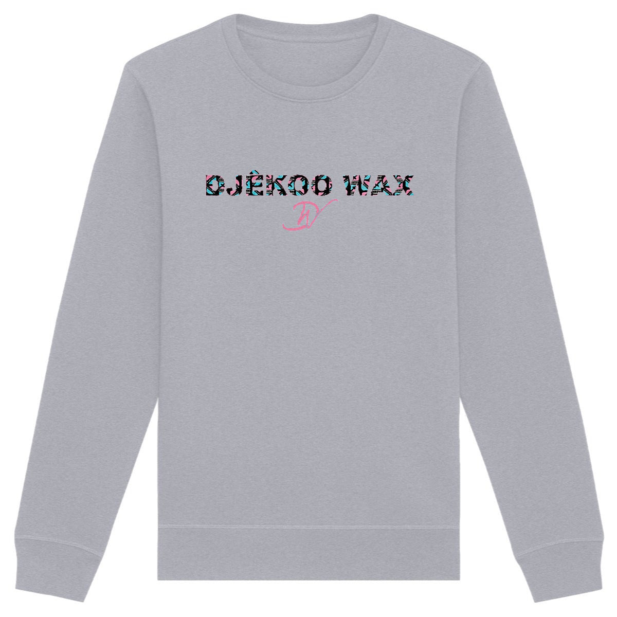 Vue produit sweat-shirt col rond unisexe bio gris clair à plat avec lettrage DJÊKOO WAX rempli de motifs Bogolan noir, turquoise et rose et monogramme DW cursif rose - Style africain premium

