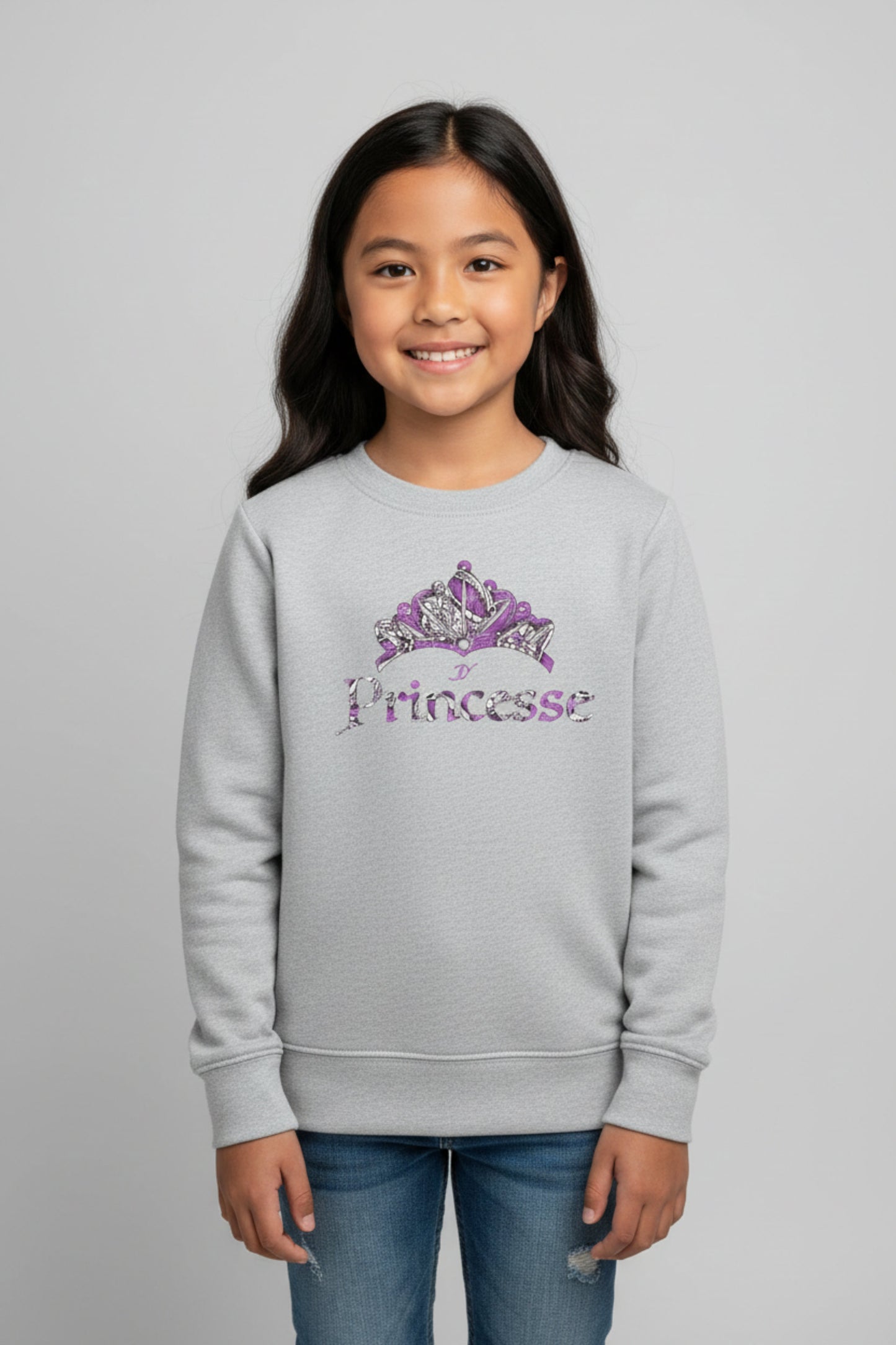 Sweat-shirt enfant fille gris chiné en coton bio avec couronne tissu wax violet et lettrage Princesse pailleté - Vêtement éthique