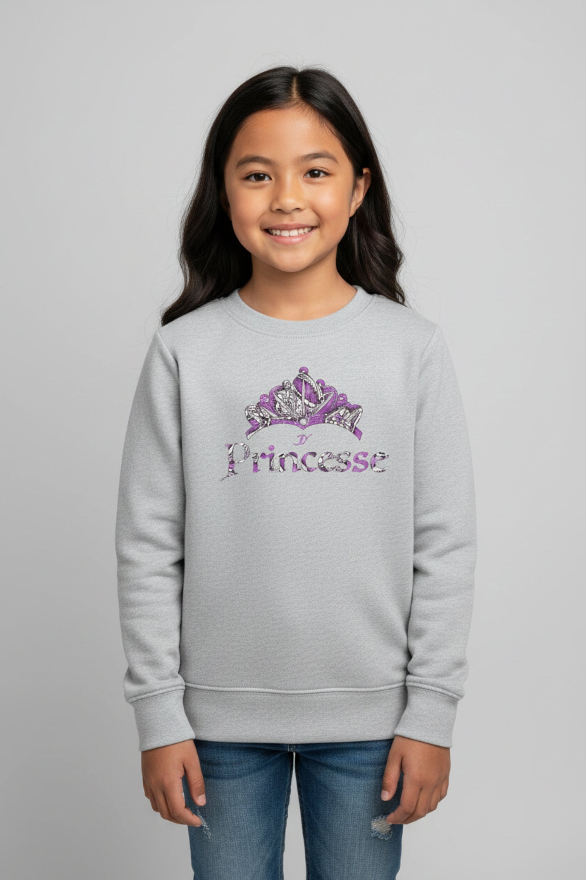 Sweat-shirt enfant fille gris chiné en coton bio avec couronne tissu wax violet et lettrage Princesse pailleté - Vêtement éthique