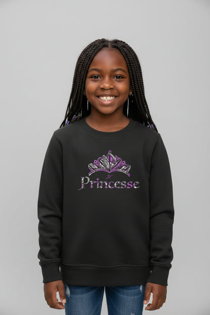 Sweat-shirt enfant fille noir en coton bio avec couronne wax violet et inscription Princesse pailletée argentée - Djêkoo Wax