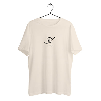 T-shirt unisexe beige naturel sur cintre en coton biologique avec logo signature DW Djêkoo Wax imprimé noir - Vêtement éco-responsable