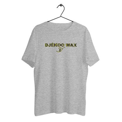 T-shirt unisexe gris chiné sur cintre en coton biologique avec logo Djêkoo Wax imprimé tissu wax jaune et noir - Mode africaine éthique