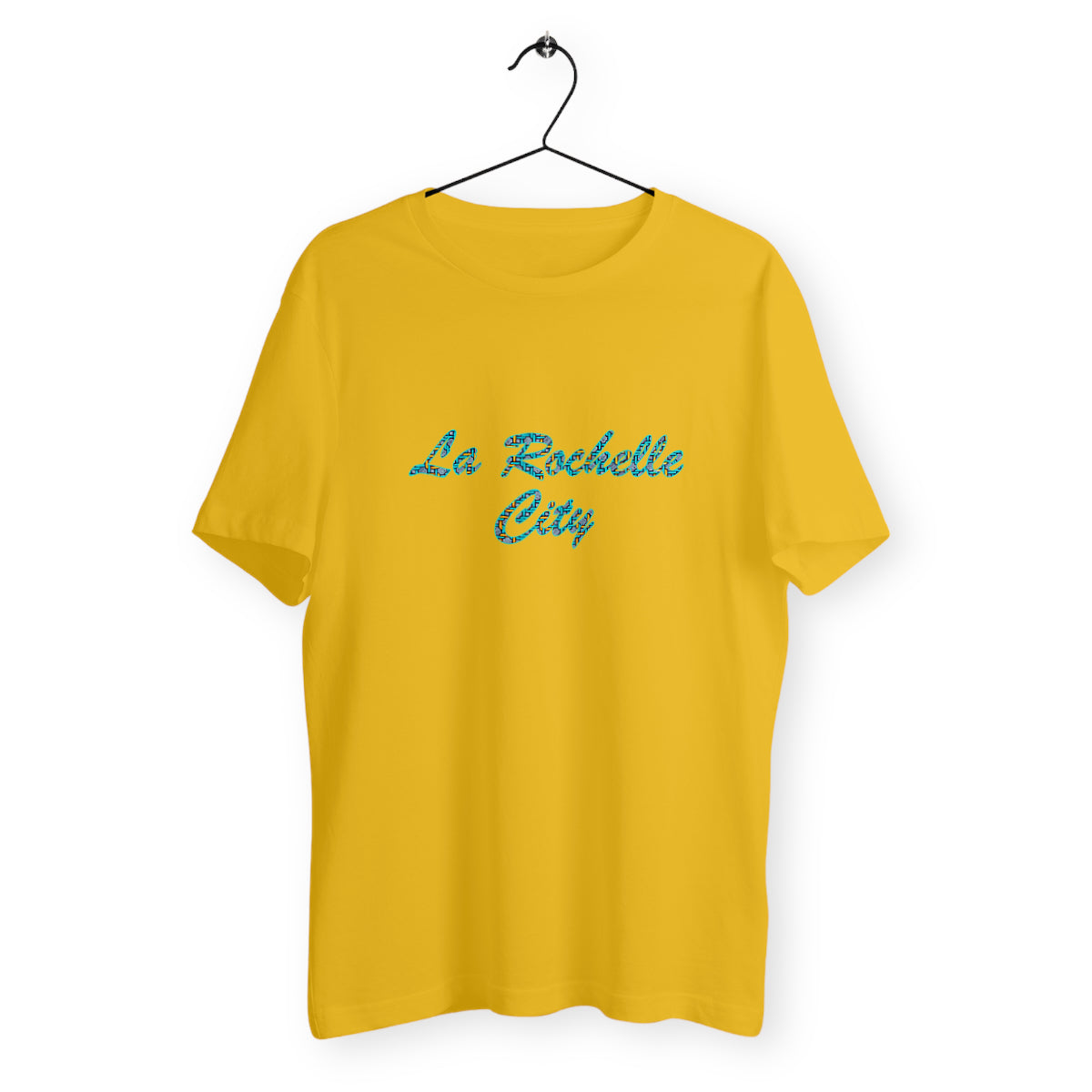 T-shirt unisexe jaune soleil sur cintre en coton biologique avec inscription cursive La Rochelle City remplie de motifs wax bleu turquoise et jaune - Mode africaine éthique