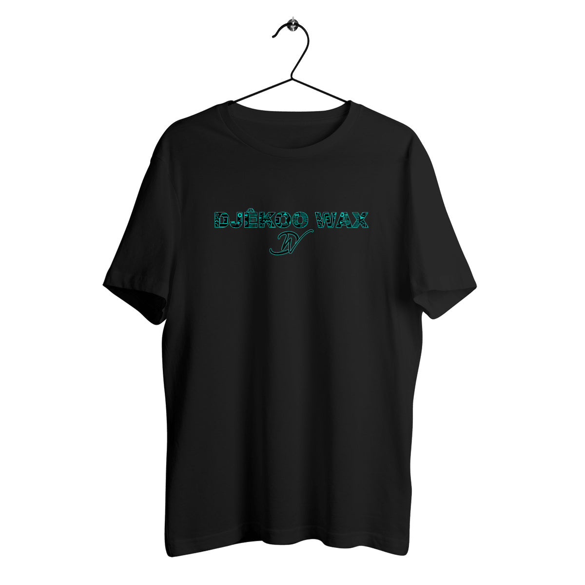T-shirt unisexe noir sur cintre en coton biologique avec logo Djêkoo Wax imprimé vert émeraude - Style urbain éthique