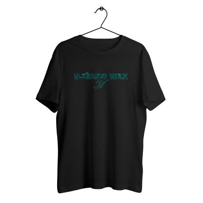 T-shirt unisexe noir sur cintre en coton biologique avec logo Djêkoo Wax imprimé vert émeraude - Style urbain éthique