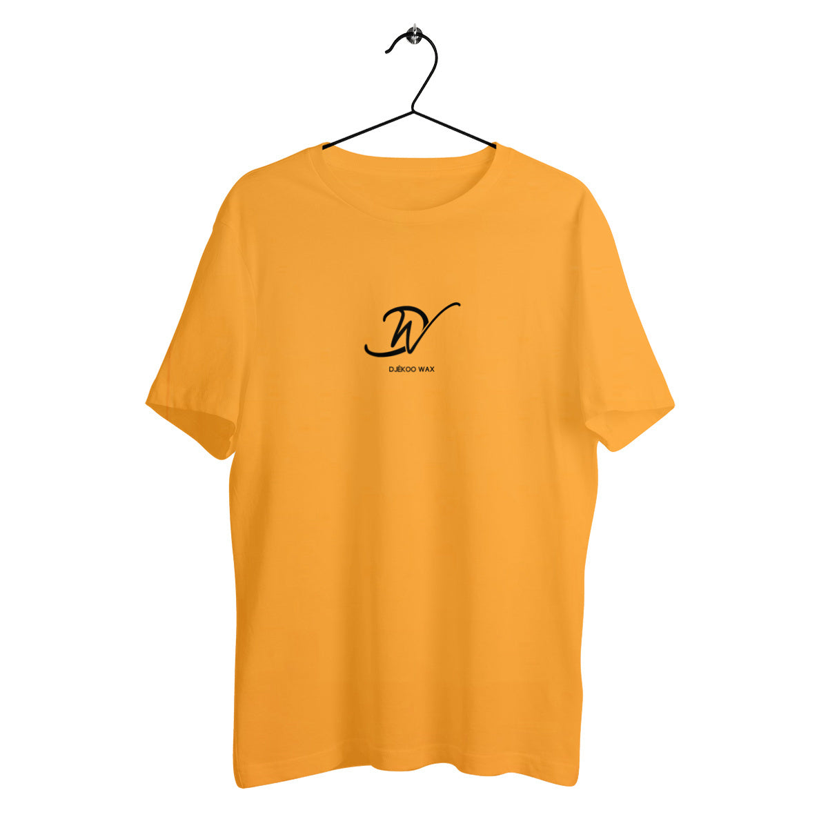 T-shirt unisexe orange sur cintre en coton biologique avec logo signature DW Djêkoo Wax imprimé noir - Fashion africaine durable

