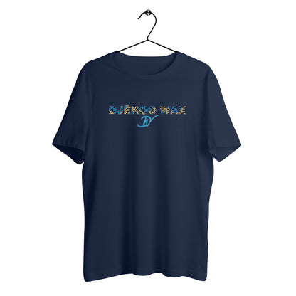 T-shirt unisexe bleu marine en coton biologique avec logo Djêkoo Wax imprimé wax multicolore - Vêtement africain durable