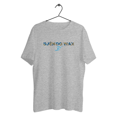 T-shirt unisexe gris clair en coton biologique avec logo Djêkoo Wax imprimé tissu wax bleu et jaune - Mode éthique