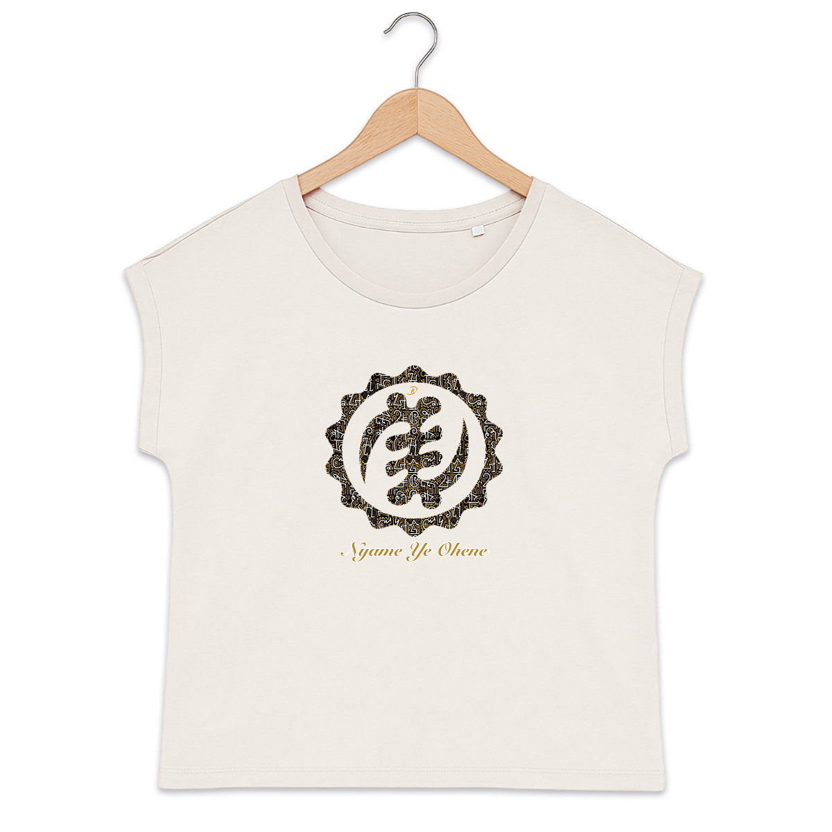 T-shirt femme coton bio beige ivoire avec symbole Adinkra Nyame Ye Ohene