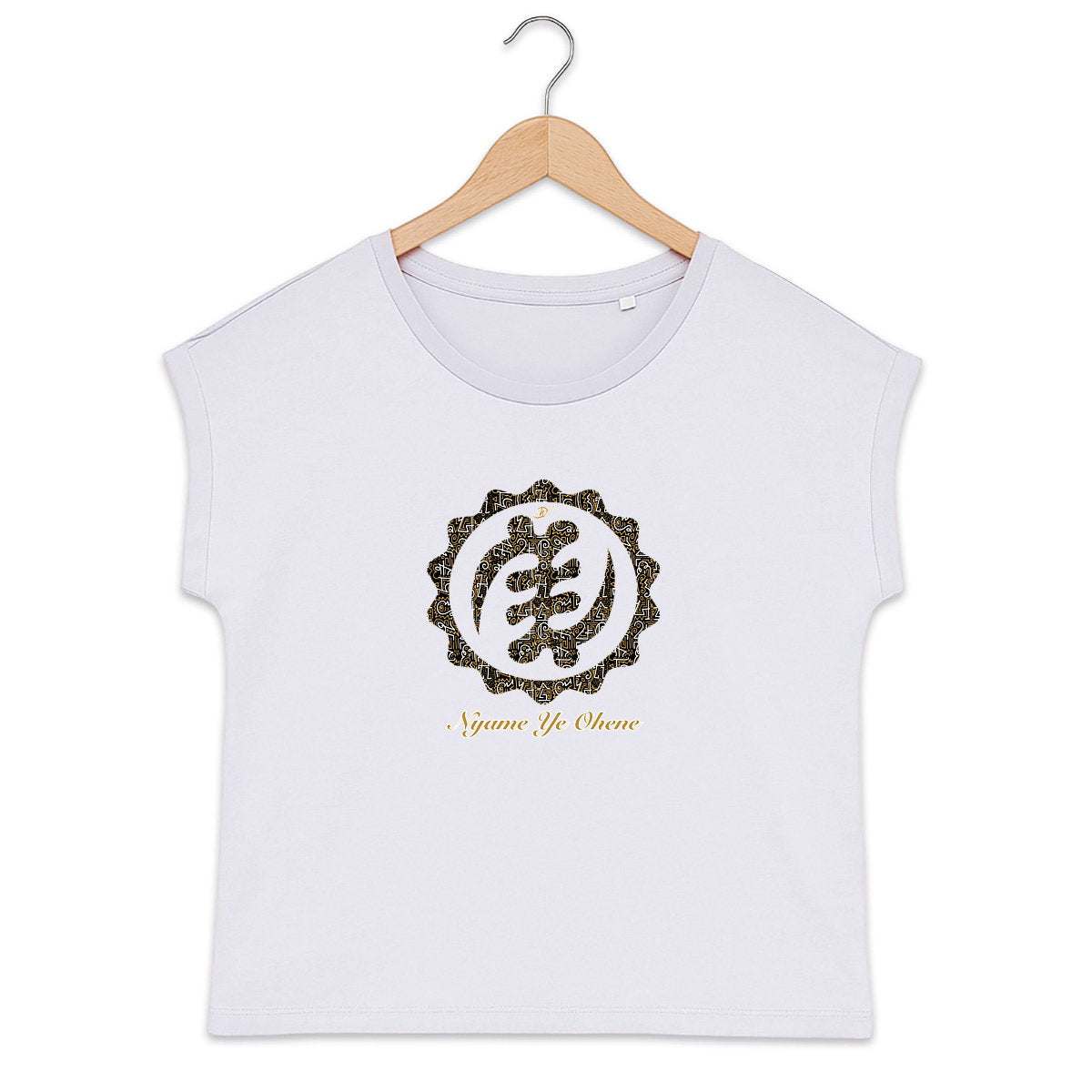 T-shirt femme coton biologique blanc motif Adinkra Nyame Ye Ohene