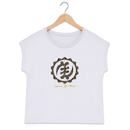 T-shirt femme coton biologique blanc motif Adinkra Nyame Ye Ohene