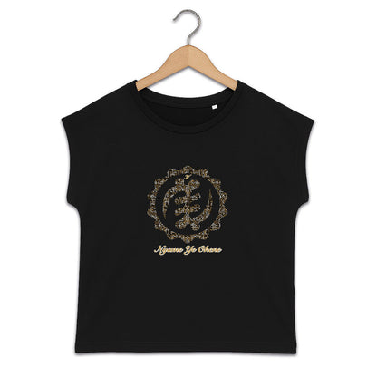 T-shirt femme bio noir avec symbole africain Adinkra Nyame Ye Ohene