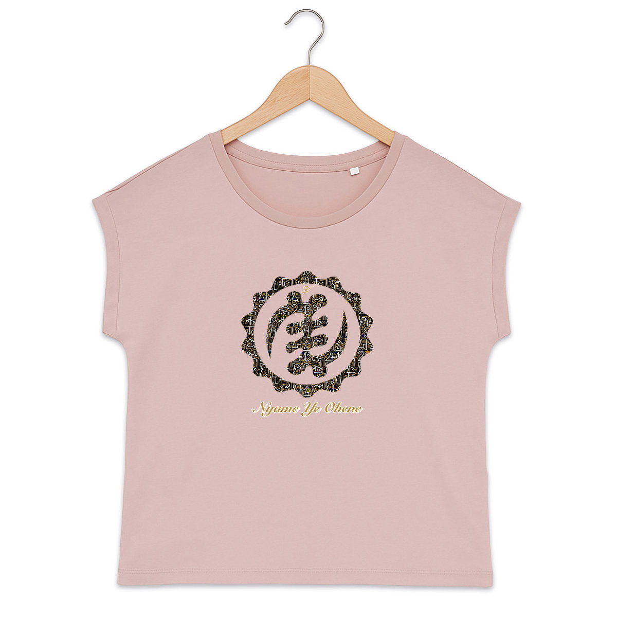 T-shirt femme coton bio rose motif Adinkra Nyame Ye Ohene vue de face