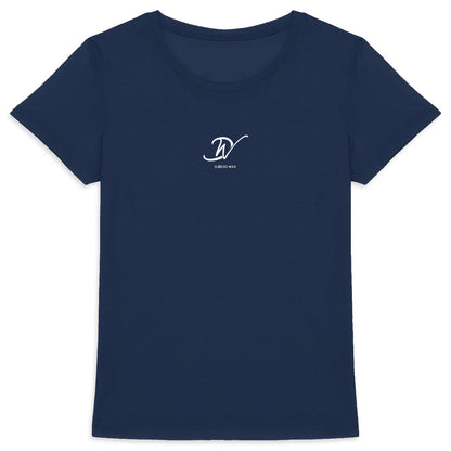 T-shirt femme cintrée col rond bleu marine en coton bio avec monogramme DW Djêkoo Wax blanc centré poitrine - Djêkoo Wax


