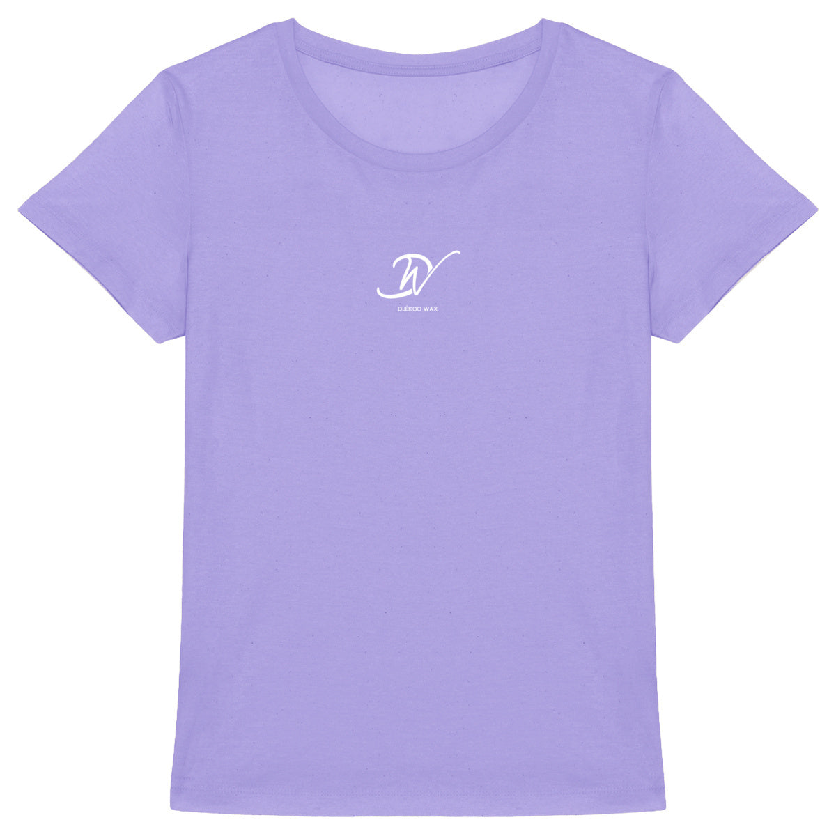 T-shirt femme cintrée col rond lavande en coton bio avec monogramme DW Djêkoo Wax blanc centré poitrine - Style africain premium