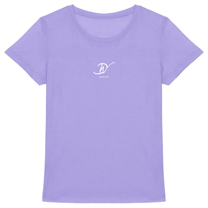 T-shirt femme cintrée col rond lavande en coton bio avec monogramme DW Djêkoo Wax blanc centré poitrine - Style africain premium