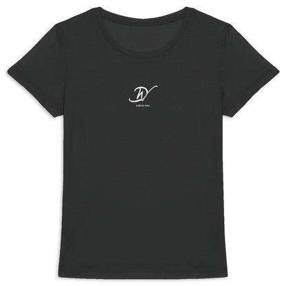 T-shirt femme cintrée col rond noir en coton bio avec monogramme DW Djêkoo Wax blanc centré poitrine - Fashion africaine éthique