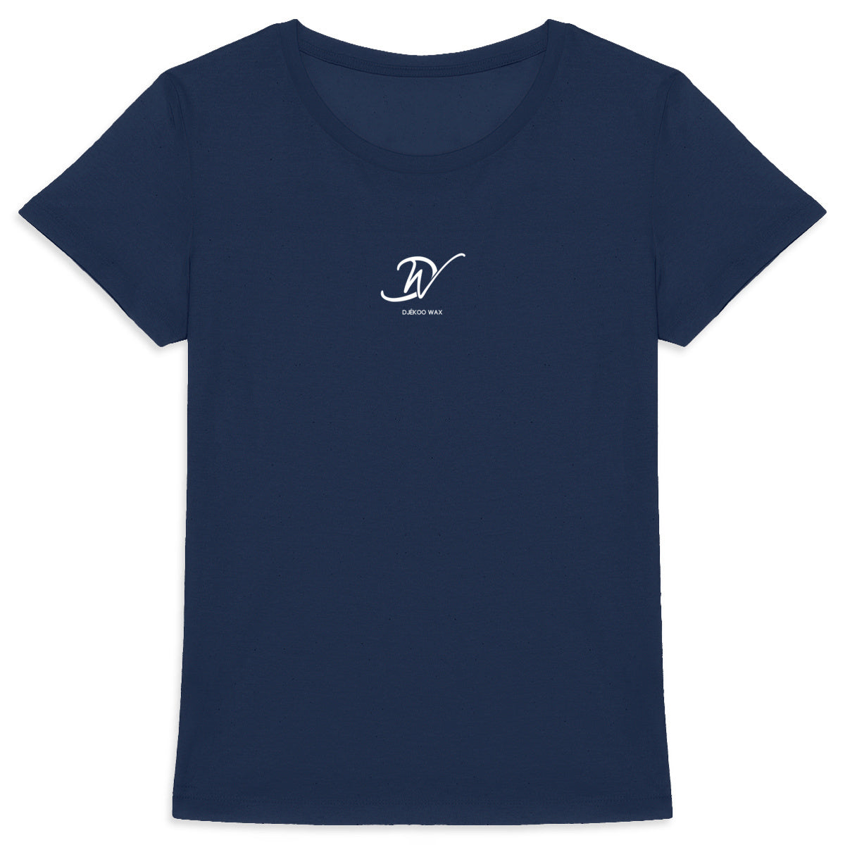 T-shirt femme bleu marine en coton bio avec logo Djêkoo Wax