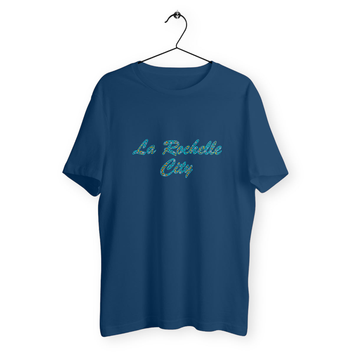 T-shirt bleu La Rochelle City Edition en coton bio GOTS avec motif wax bleu et jaune